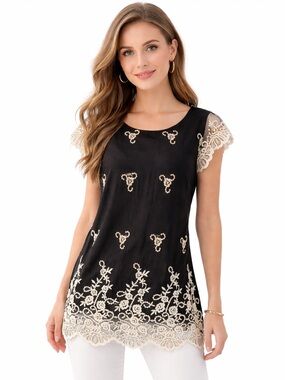 NWT Charter Club Black White Gold Lace Embroidery Short Cap Sleeves Blouse Sz L